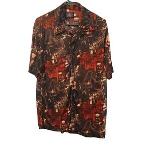 Vtg EPOCH Dragon Temple Asian Art Short Sleeve Button Up Shirt Mens Medium Sheer